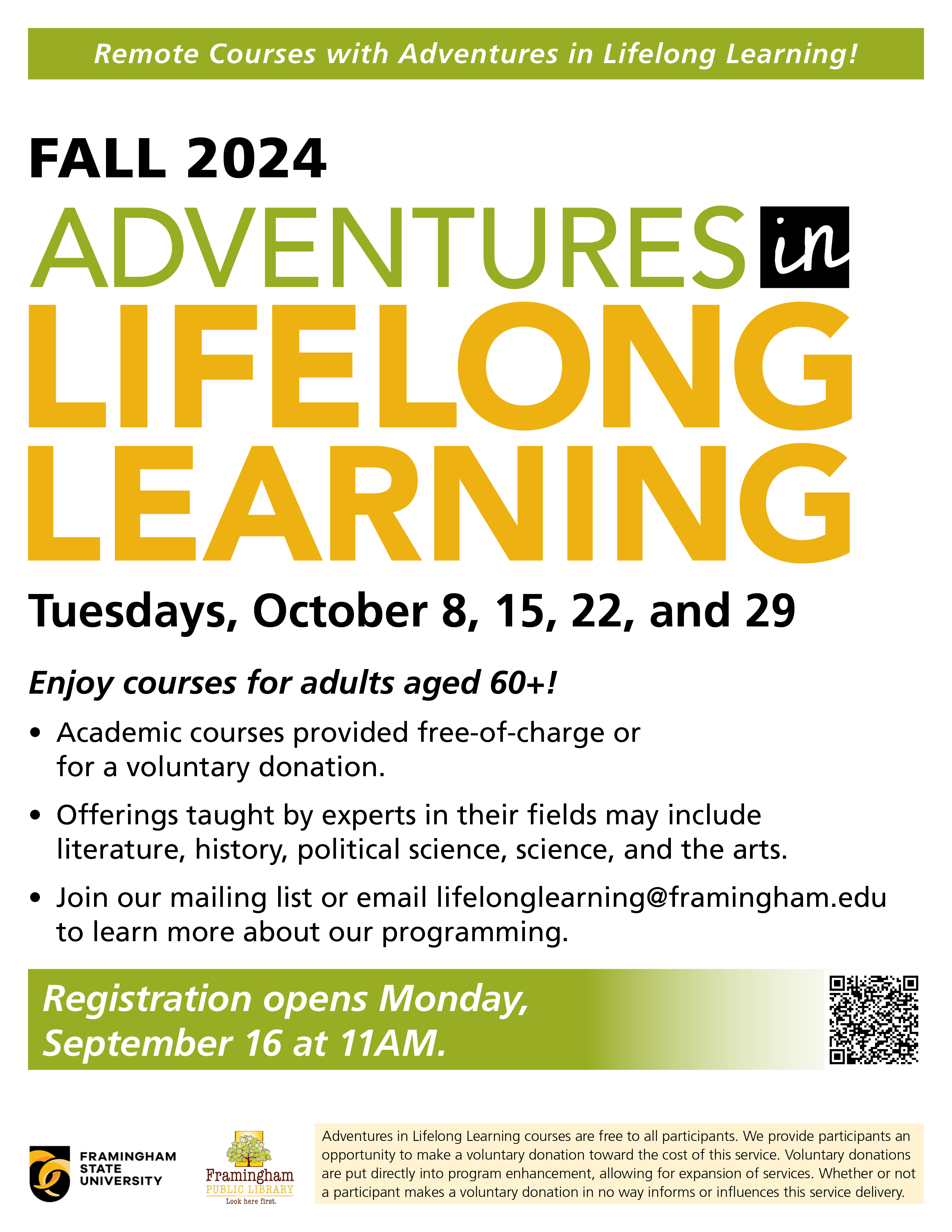Fall 2024. Adventures in Lifelong Learning.
